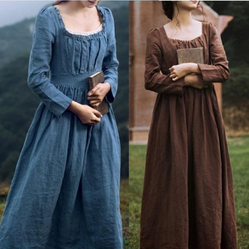 

2021 Women Medieval Victorian Retro Dress Square Collar Long Sleeves High Waist French Apparel Brown Blue Temperament Long Dress