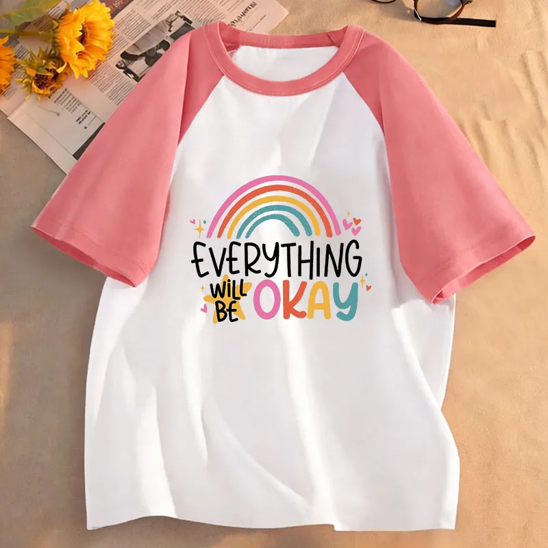Everything Will Be Ok Rainbow Design Print T Shirts Sweet Kids Children's T-shirt Boys Girls Summer Spring Casual Top Tee Shirt