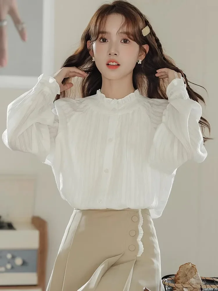 

Sweet Long Sleeve Chiffon Shirt Stand Collar Women's Inner Wear Button Design Elderberry Detail Loose Fit Lantern E7662