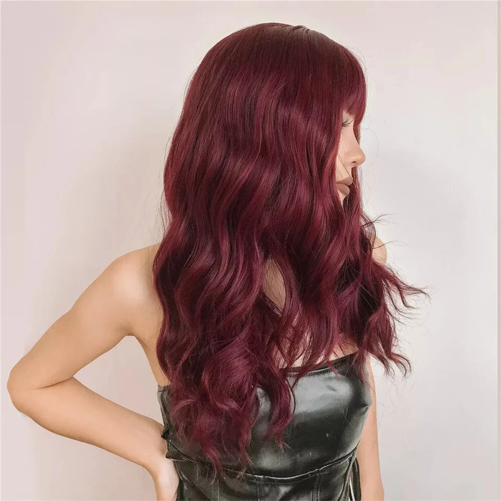 Natural Wave 99J Synthetic Hair Wigs for Women Heat Resistant Friber Bangs Wig Cosplay Burgundy Lace Frontal Wig 180% 24Inch