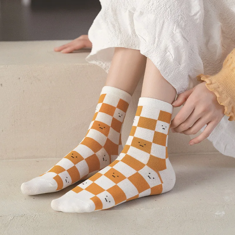 2023 spring and summer new socks women\'s yellow twisted tube socks orange checkerboard socks  strawberry  kawaii