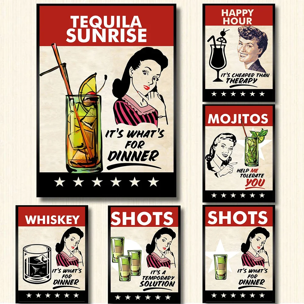 Happy Hour Treatment Woman Poster Tequila Whiskey Drink Canvas Painting Wall Art Picture Woman Dinner Printmaking Bar Decoration