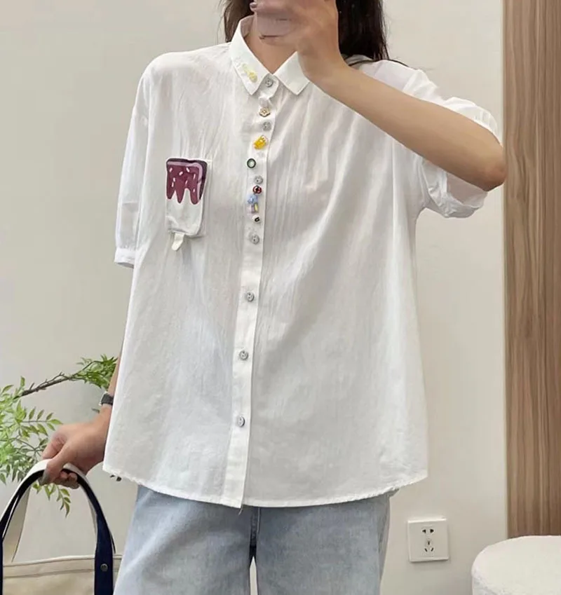 New 2026 Summer Women Cotton Short Sleeve Shirt, Lapel Cartoon Buttons, Mori Girl Sweet Preppy Style INS Loose Blouse T65350CC