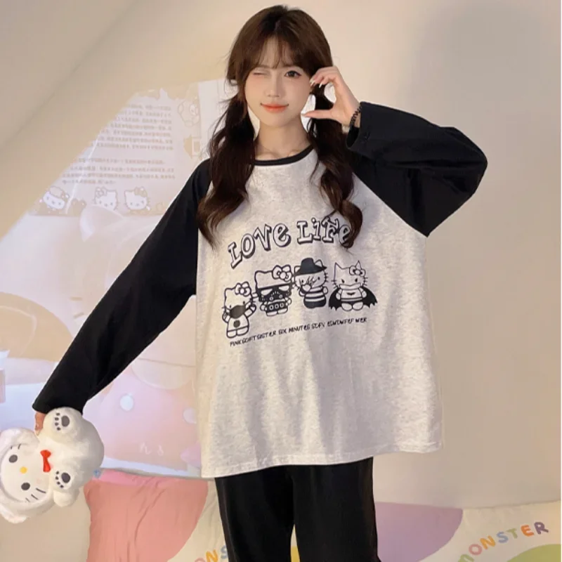 Cartoon HelloKitty Pajamas Crew Neck Cotton Long Sleeve Pants Casual Two-piece Set Women's Pajamas Homewear Silk Pajamas Women's