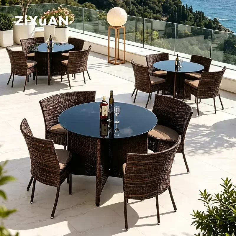Compact Round Rattan Table Chair Set Space Saving Outdoor Patio Garden Furniture Catering Bistro