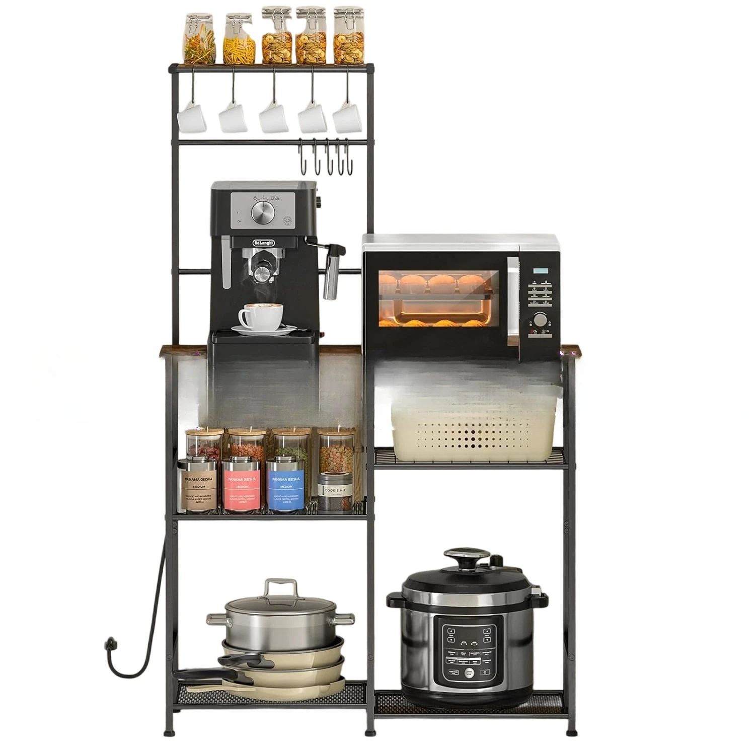 رف فرن الميكروويف للمطبخ، وعاء من الحديد المطاوع من الأرض إلى السقف، رف فرن ميكروويف متعدد الوظائف للتخزين مع مقبس طاقة #5