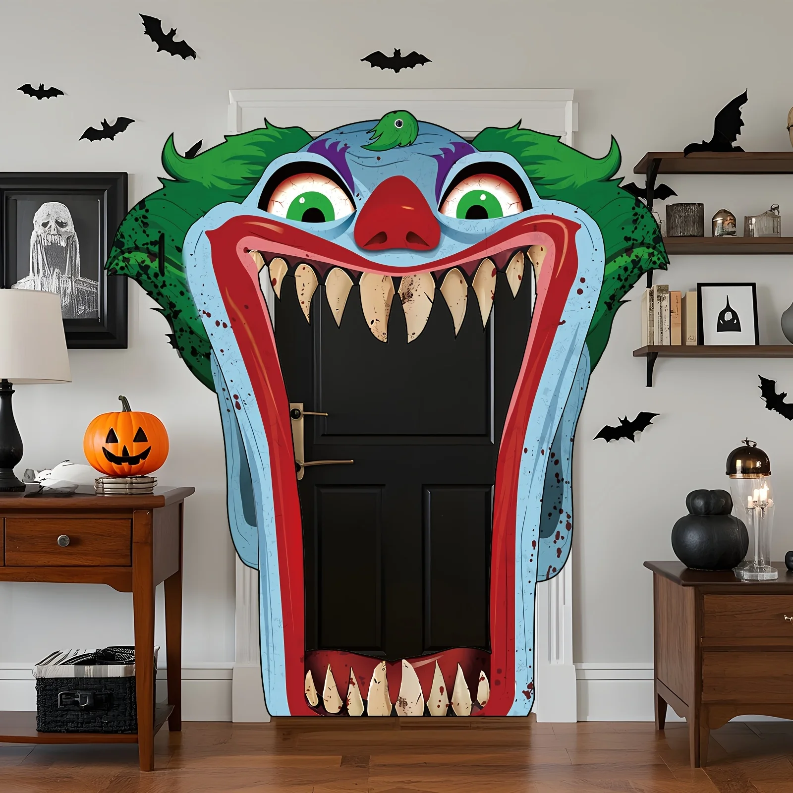 2D-Türbanner: Große Horror-Halloween-Clown-Türdekoration mit blutspritzernder Klinge und gruseligem Lächeln für Partydekorationen