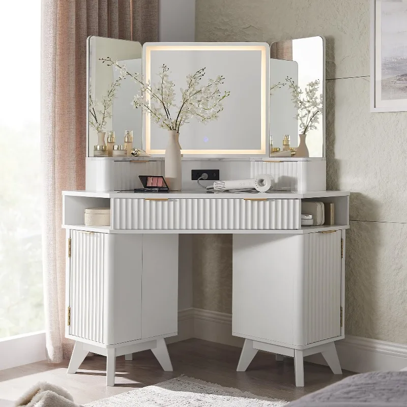 Grooved makeup dresser with 3 mirrors and lamps 3 drawers Lockers and shelves Bedroom white