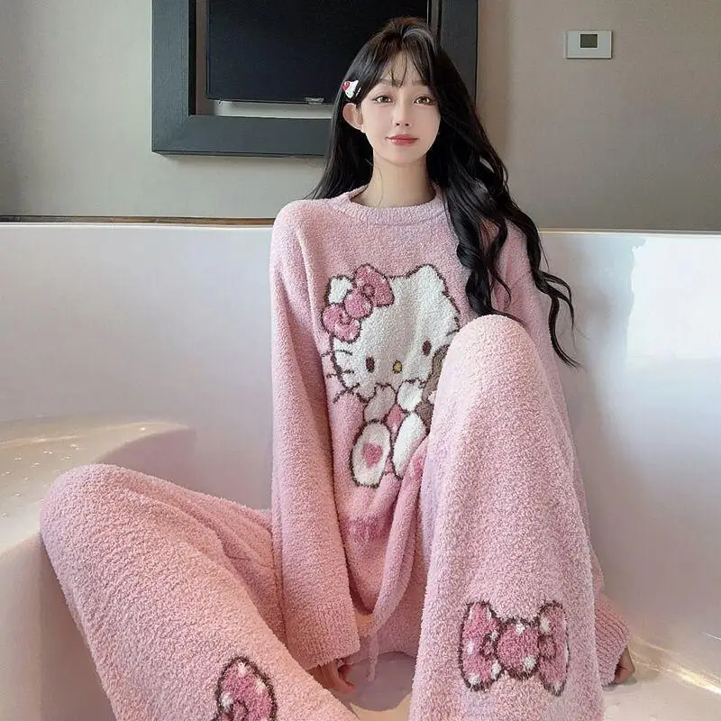Sanrio meia flanela em torno do pescoço de pelúcia quente e macio roupas para casa das meninas flanela rosa kt gato pijamas feminino outono e inverno conjunto