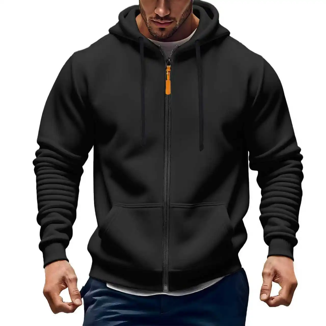 

Winter men's loose and thick plain-colored zipper pocket casual drawstring hooded pullover jacket top