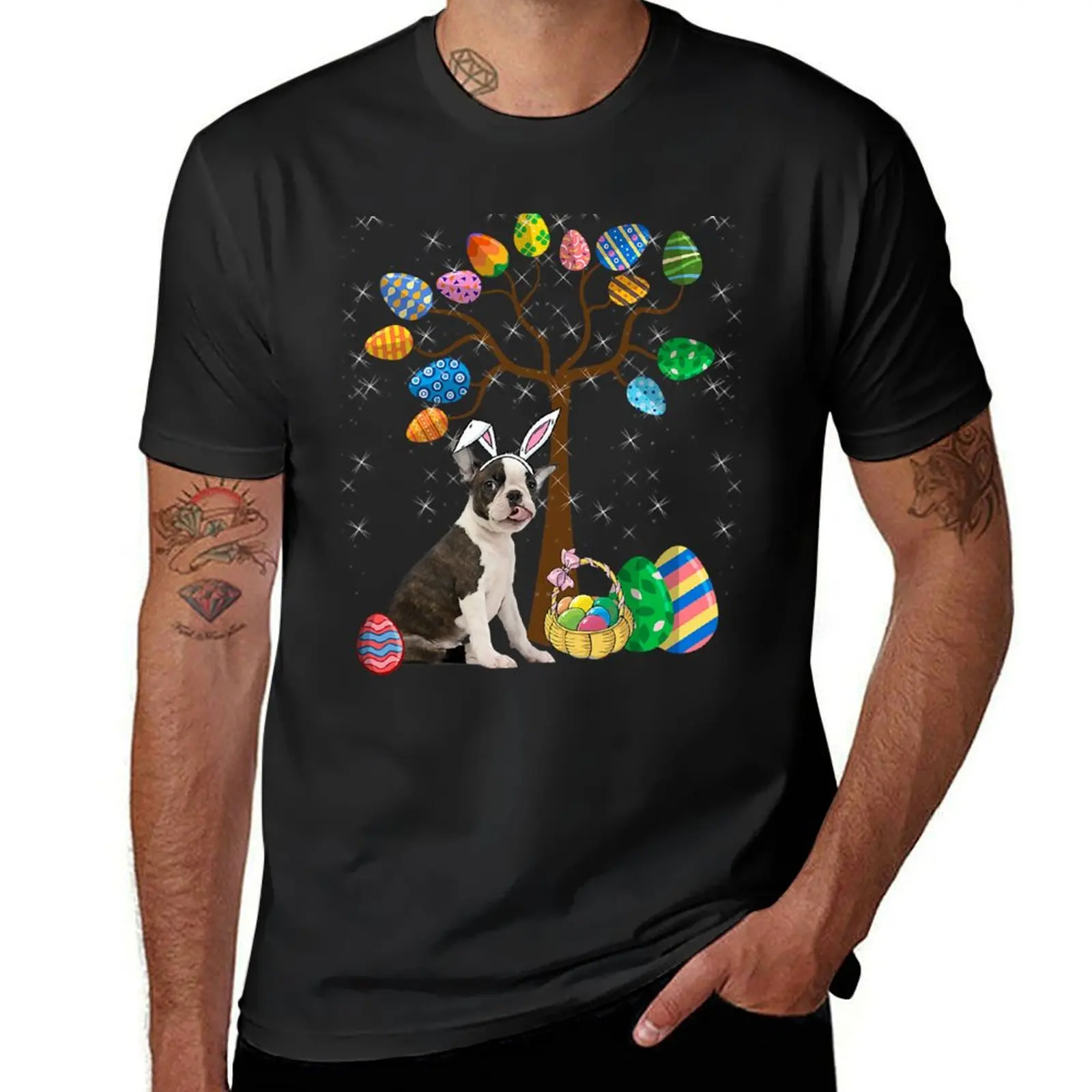 Boston Terrier Dog Animal Pet Hunt Egg Tree Easter Day T-Shirt customizeds hippie clothes sublime t shirts for men cotton