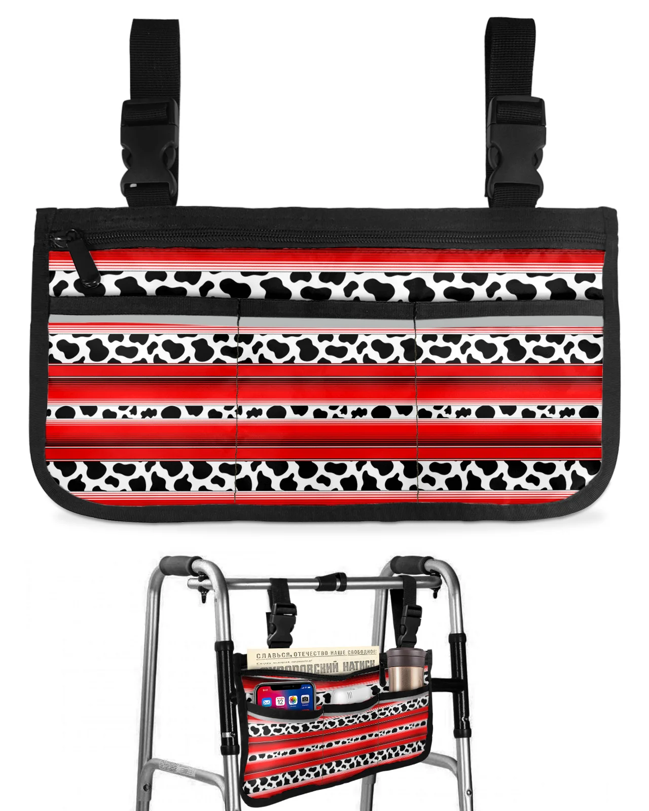 Mexico Stripes Cow Pattern Animal Skin Texture Red Wheelchair Bag Armrest  Side Bags Electric Scooter Storage Pouch