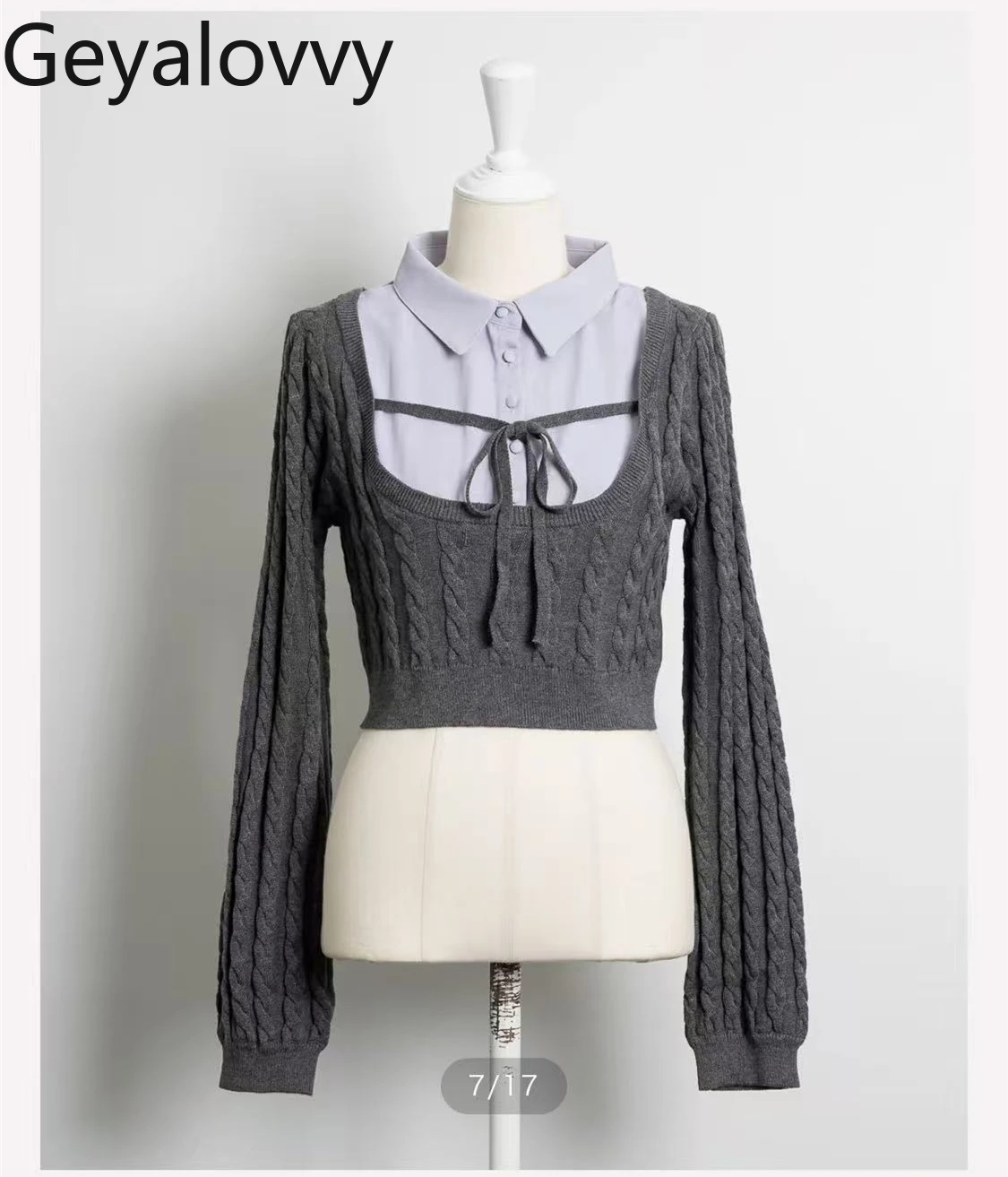 

Pure Original Limited Edition College Shirt Collar Patchwork Knitted Pullover Sweet Girls Versatile Tie Braided Short Sweater