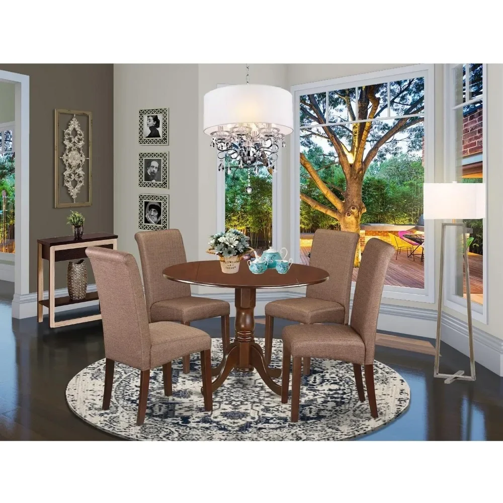 The 5 piece dining room table set includes a round kitchen table with fallen leaves and 4 brown linen dining chairs