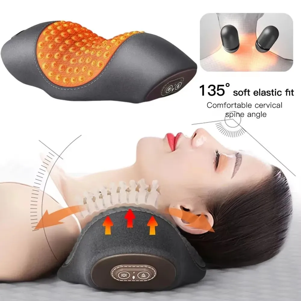 Neck Heated Vibration Massage Pillow Acupressure Neck Shoulder Relaxer Cervical Traction Pillow Neck Stretcher Relieves Fatigue