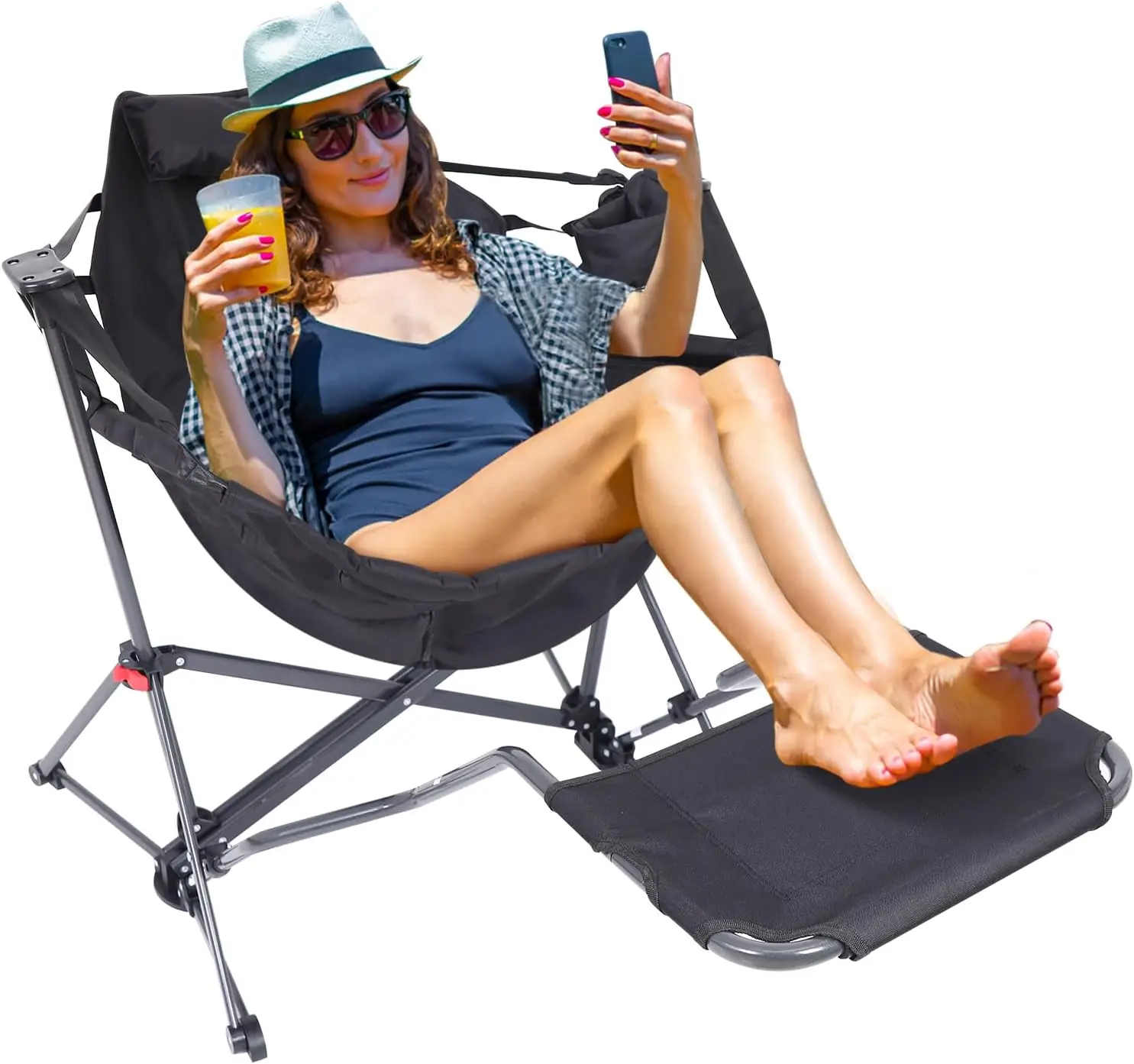 

Hammock Camping Chair Rocker, High Back with Stand, Cup Holder, Side Pocket, Heavy Duty, Black w/Footrest