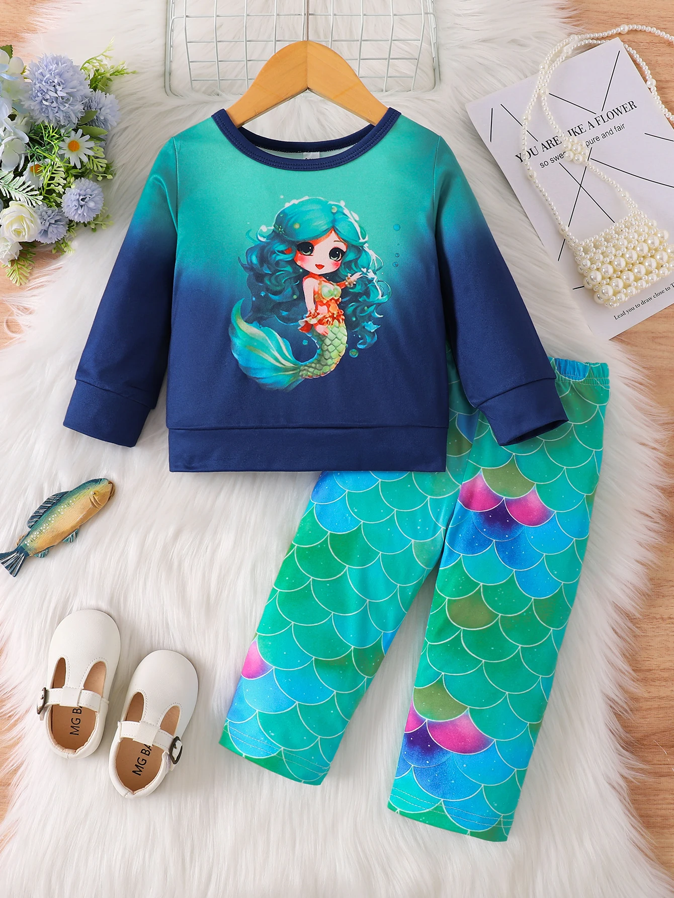 

Сине-зеленая двухсекционная одежда с принтом русалки — милая повседневная одежда для малышей Fairy-Tale Fairy