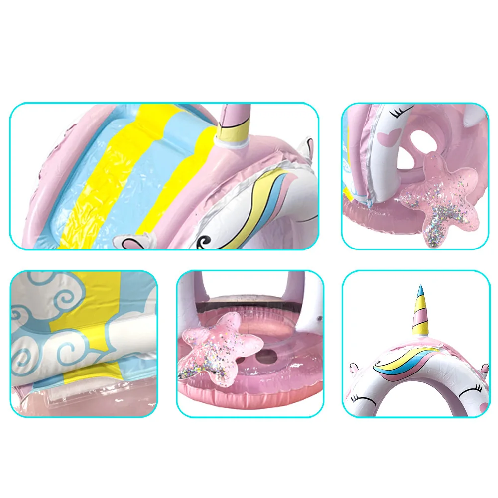 يطفو حمام سباحة للأطفال مع مظلة قابلة للنفخ على شكل وحيد القرن مع حلقات جليتر ستار للسباحة للأطفال مقعد صالة لعبة الماء للأطفال