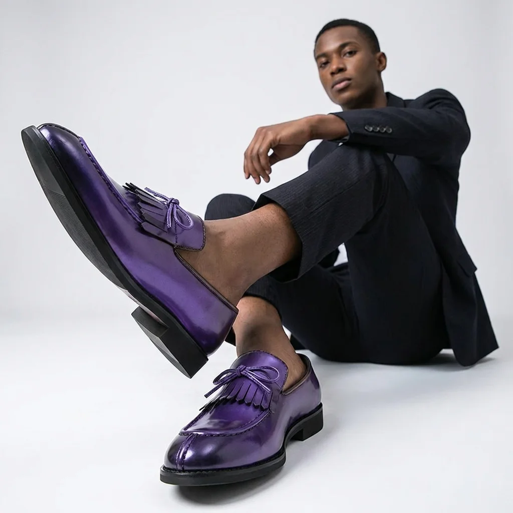 Men Metallic Purple Tassel Loafers Slip On Dress Shoes Wedding Party Formal Leather Shoes Business Casual Footwear For Male
