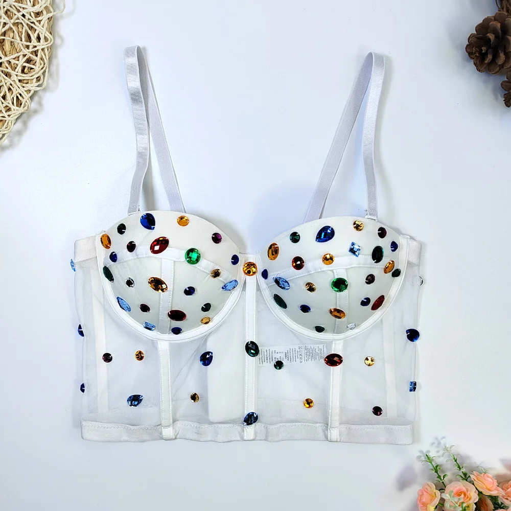 Bohemian Mesh Corset Top - Delicate Boned Bustier with Hand-Sewn Crystal Details for Backless Waist Trainer Lingerie Crop Top