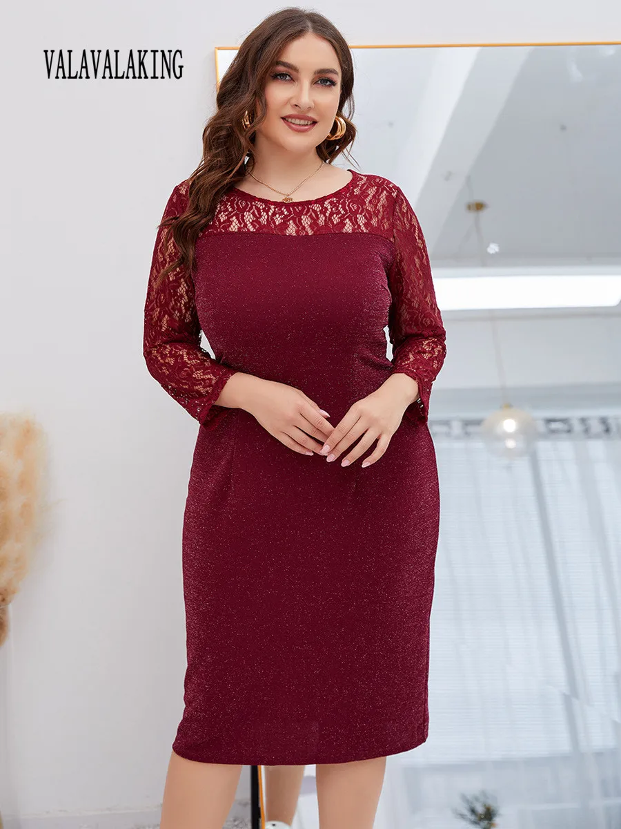 2025 Sexy Lace Long Sleeve Plus Size Dress Women Solid Large Midi Bodycon Dresses Ladies Chubby Curvy Tight Evening Party Dress