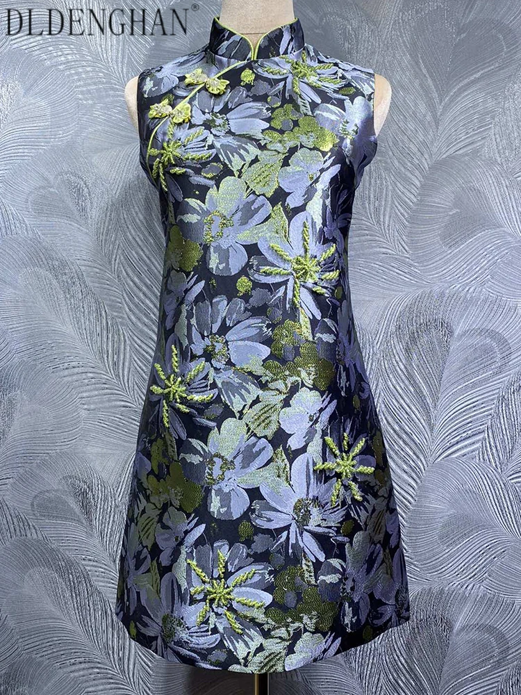 

DLDENGHAN Beading Jacquard Vest Dress For Women Stand Collar Sleeveless Vintage Short Dresses Summer Fashion Female