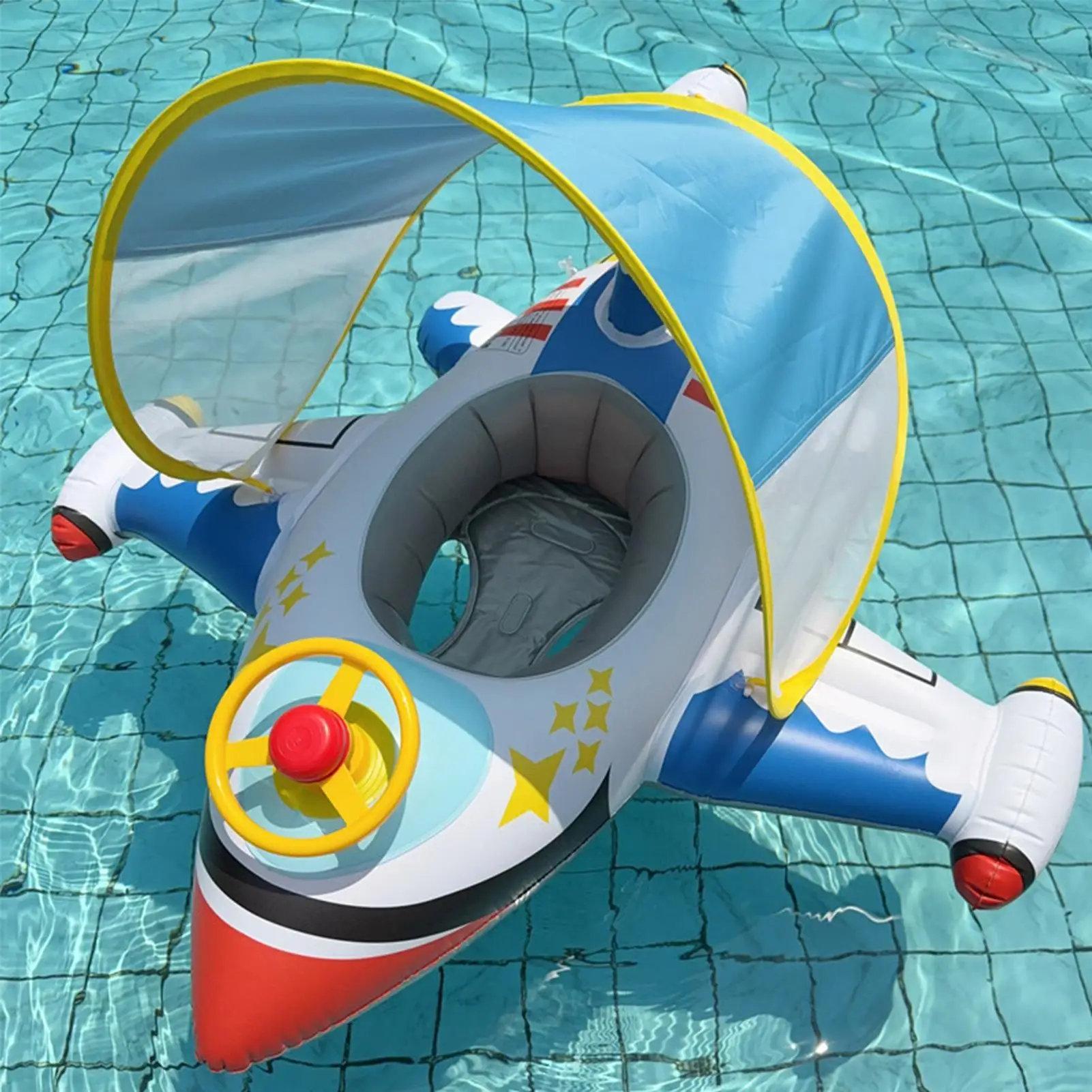 インフレータブル飛行機フロートベビーライドいかだプールおもちゃサンシェード屋外水遊び水泳リングラウンジャー快適