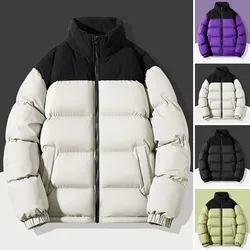 Men's Cotton Coat Stand Collar Long Sleeve Patchwork Colored Jacket Coat Loose Zipper Pocket Casual Jacket