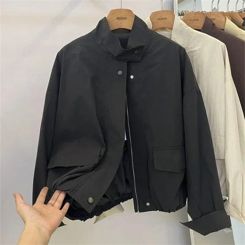 

Korean Short Stand-up Collar Jacket Women's Windbreaker Coat Spring Autumn Casual All-match Tooling Jacket Coat Female Overwear
