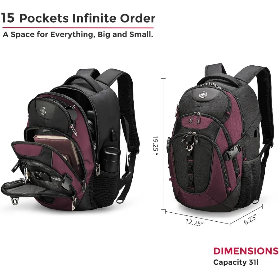 Swissdigital Design Laptop Backpack with USB Charging Port Travel Backpack Fits 15.6 inches Computer 31L College School Backpac