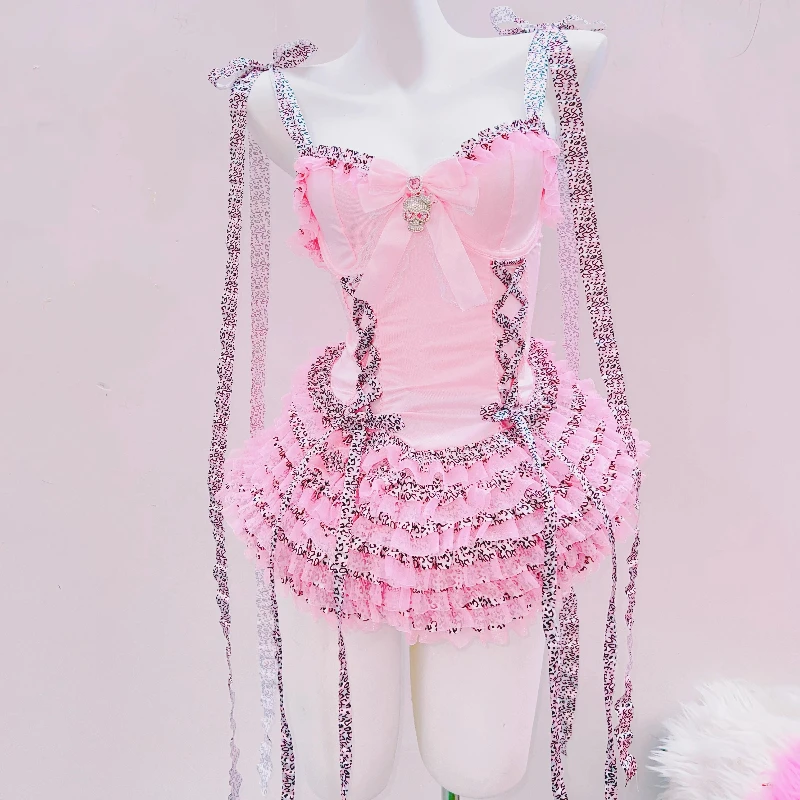 オリジナルデザイン スイートクール ピンクのリボンレーススプライシング レディースキャミソールワンピース 2025秋新作 ガールズ パフスリーブ フェアリードレス レディース