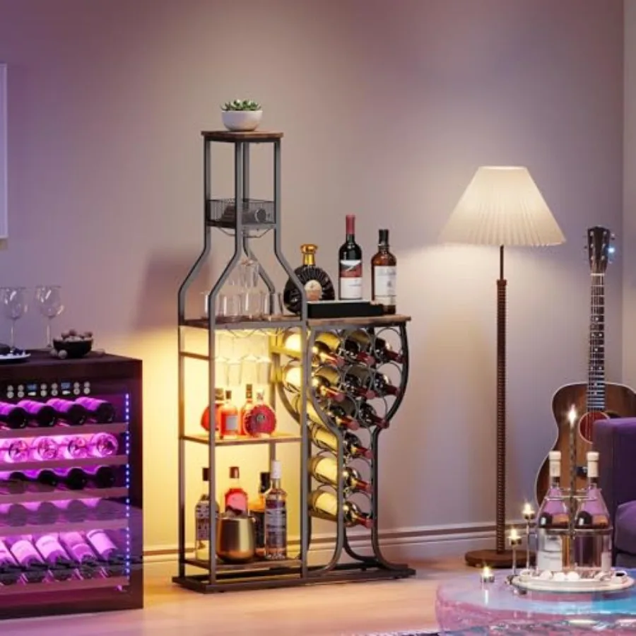 

Liquor Cabinet for Home Bar 5-Tier Wine Rack Freestanding Floor with Wine Glass Holder Mini Bar Stand with 11 Wine Bottles Bar