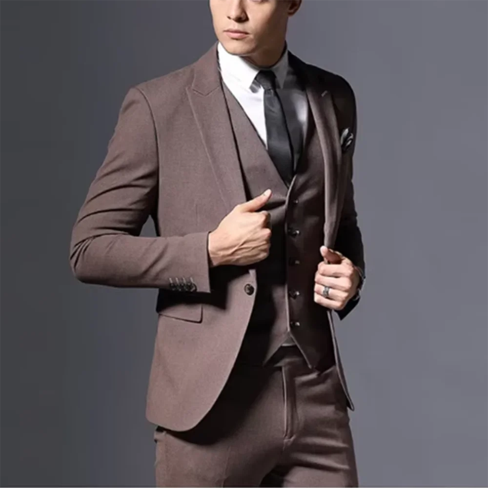 Luxury Suits fir Men Black Brown 3 Pieces Jakcet pants Vest Male Clothing Single Breasted Banquet Business Costume Homme