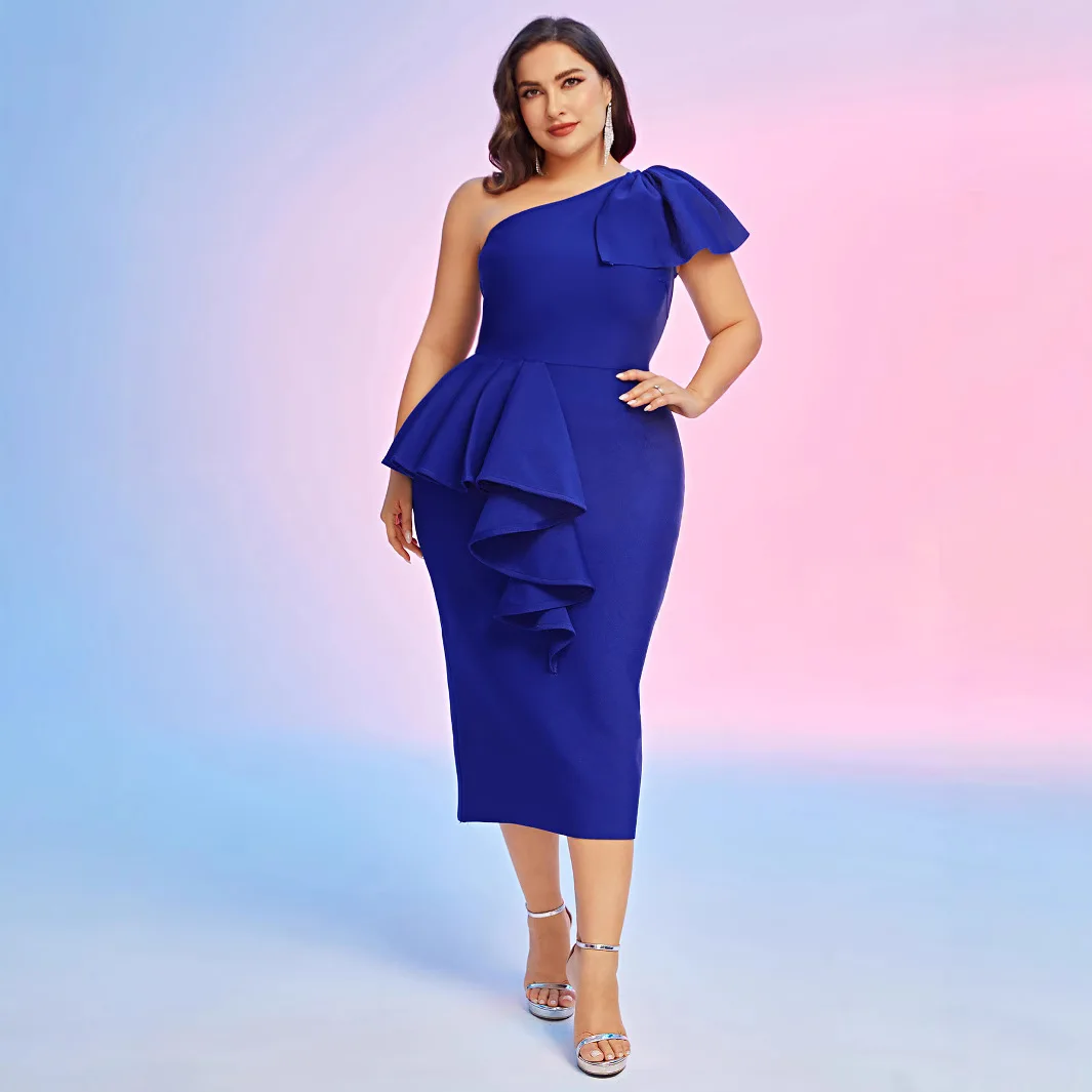 

2025 sloping shoulder elegant plus size women's dress single shoulder lotus leaf edge fashionable mid length dress