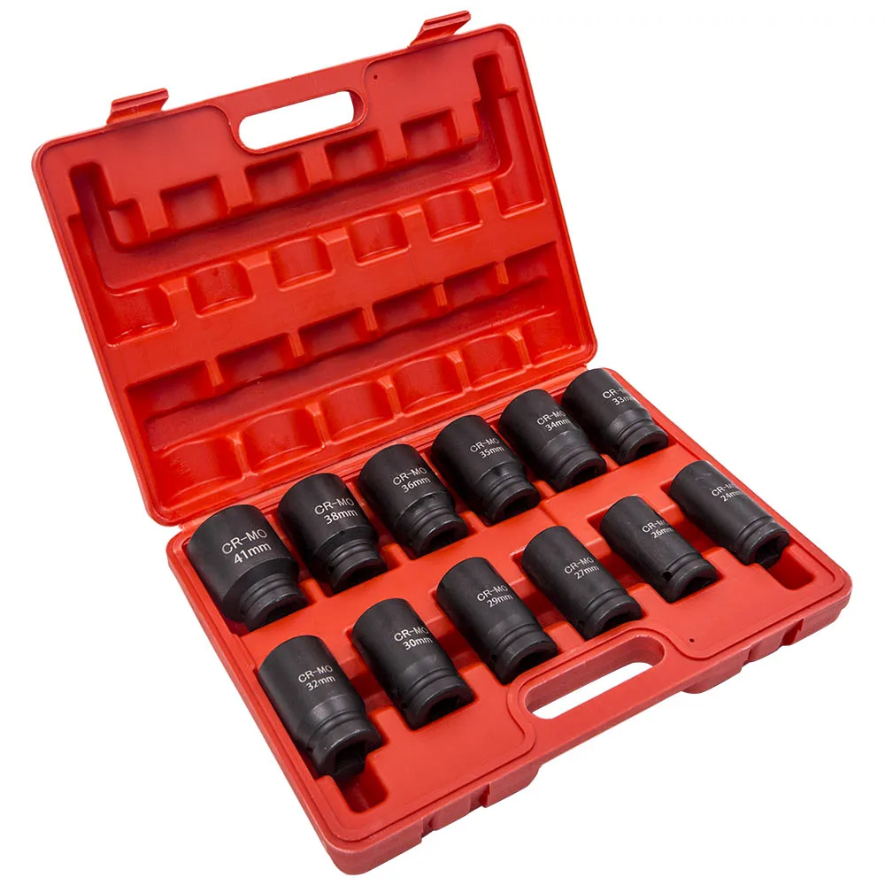 12pc 3/4 Inch Deep Impact Sockets Set Drive 6 point 24mm to 41mm 27mm 33mm 35mm Damaged Screw Extractor Drill Bit Set