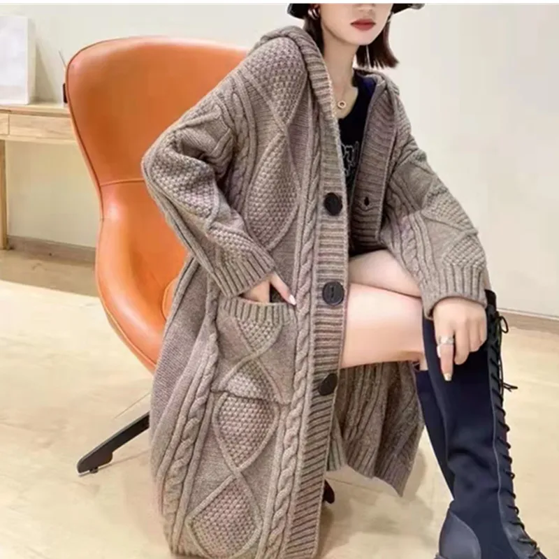 

Womem Cardigan Twist Knitted Coats Single Breasted Coat Sweaters Hooded Open Stitch Full Sleeve Loose Splice Autumn Winter