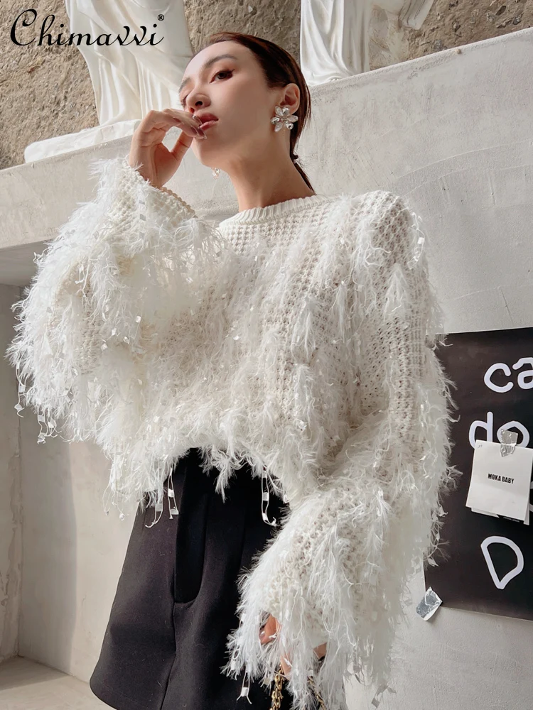 

French Elegant temperament Versatile White Sweater Round Neck Long Sleeve Tassel Loose Casual Knitted Pullover for Women Autumn