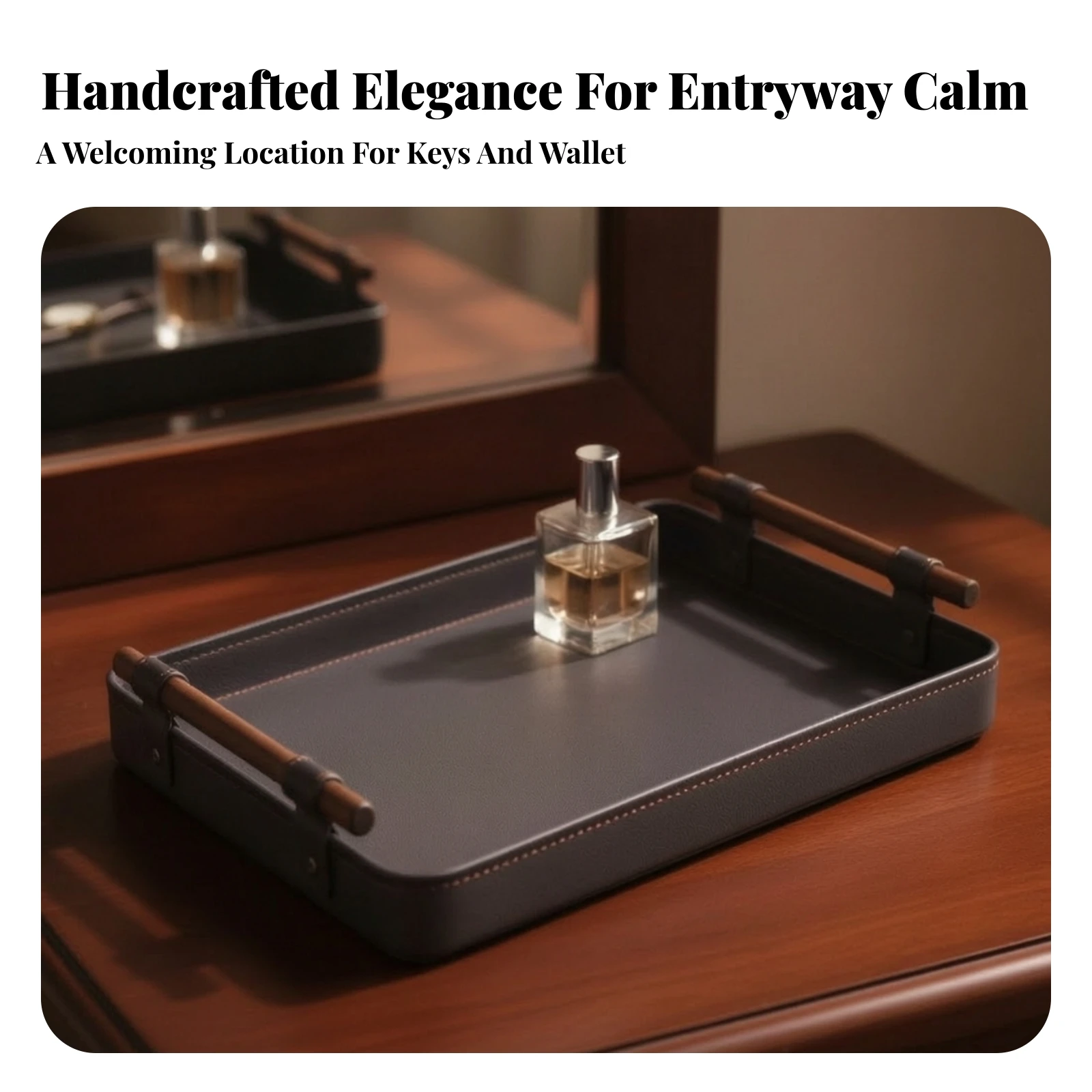 Raised-Side Vanity Tray Long-Lasting Semi-PU Leather Tray with Wood Rod Handles Desktop Storage Organizer Scratch-Proof