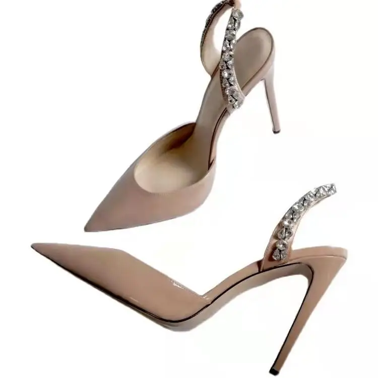 New Rose Red Water Diamond High Heels for Women with Thin Heels, Pointed Toes, and Headbands, Wearing Cold Slippers Outside