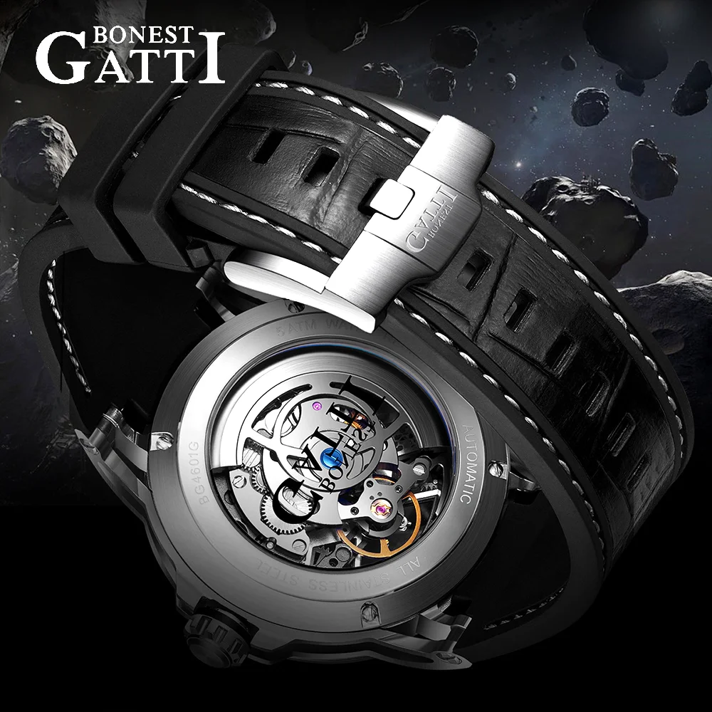 BONEST GATTI Men Automatic Luxury Tourbillon Watch Vintage Mechanical 5ATM Skeleton Sapphire Luminous Leather Strap German Craft