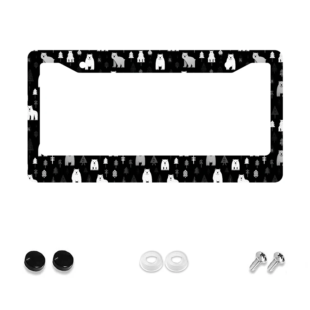 

1pc Black Color 2-Hole License Plate Frame with Bear and Tree Pattern, Aluminum Material, 6x12 Inches, Includes Screw Set, Retr