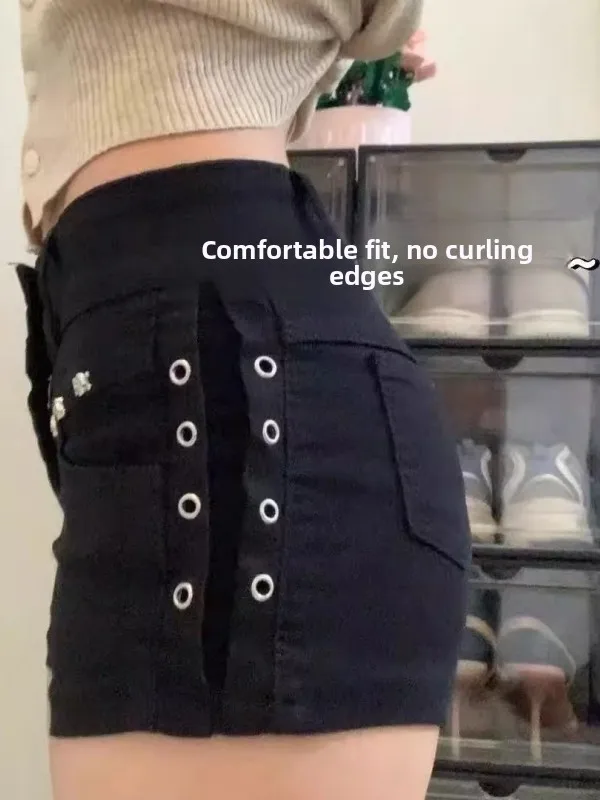Sexy American Style Dark Y2K Black Denim Super Short Shorts Summer Rivet Design Bodycon Hot Pants Low Waist Tight Fit Jeans