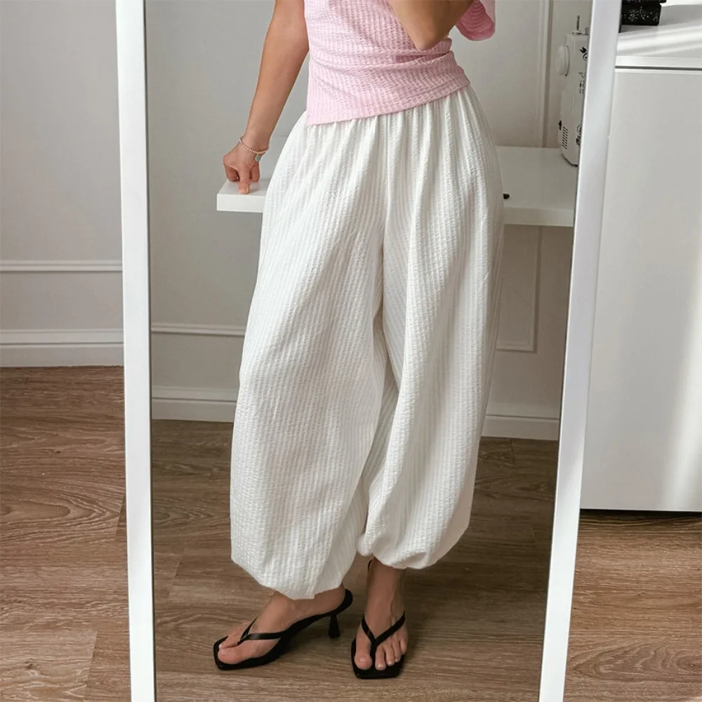 Spring and Summer Women Chic Home Casual Cotton Lantern Pants Elegant Solid Loose High Waist Office Travel Versatile Soft Pants