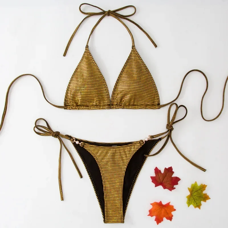 sexy shinny gold sequine bikinis sets two pieces padded thong halter string swimwear female bathing suit biquini tankini
