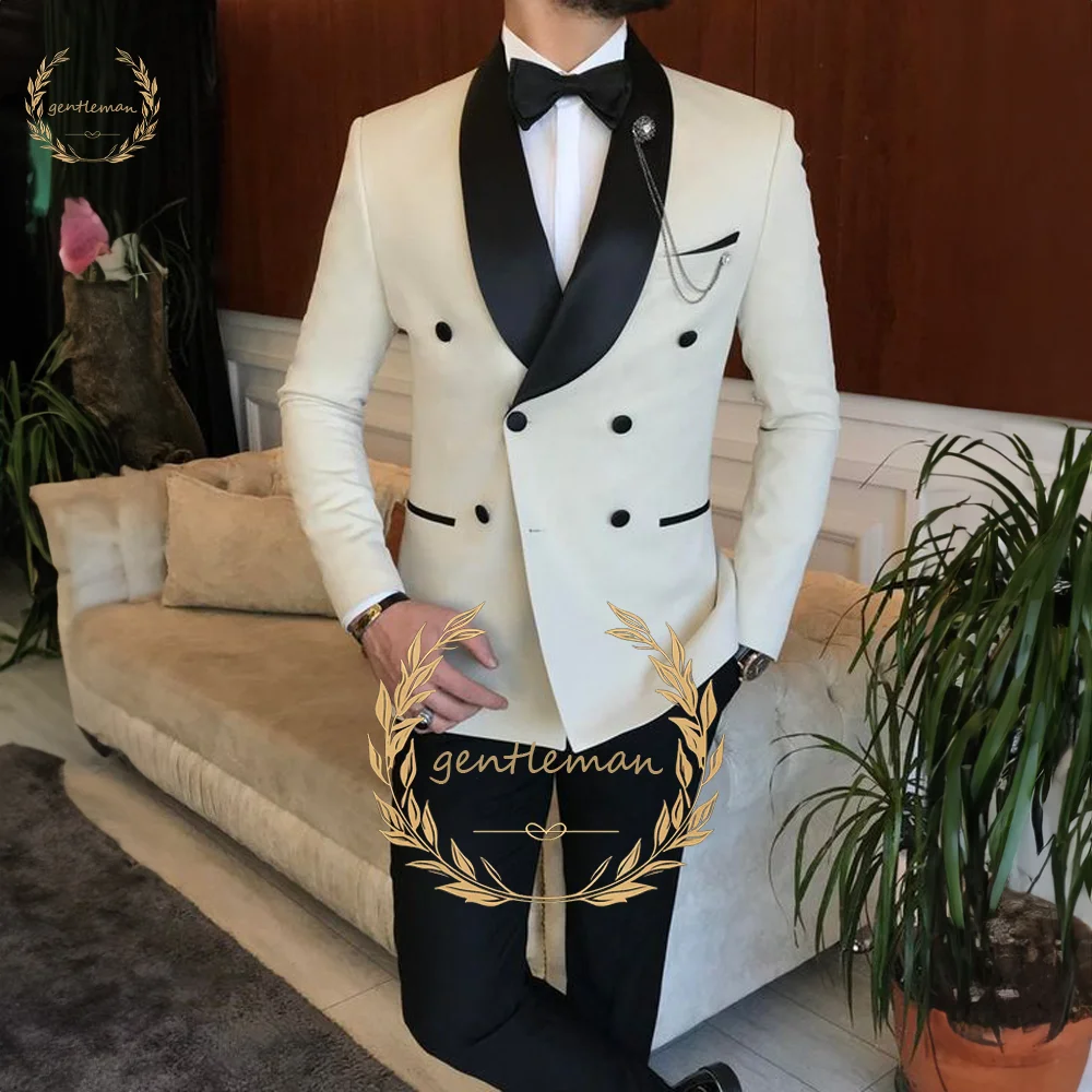 

Men's 2-piece suit (jacket and trousers) custom made double-breasted groomsmen wedding dinner cocktail tuxedo shawl collar dress