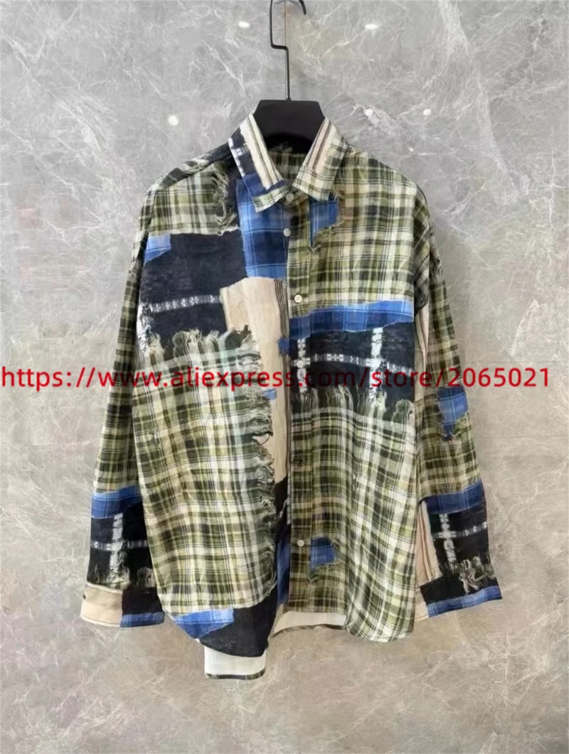 Grid patterned cotton 3D printed pleated loose long sleeved shirt Men Women High Quality Wrinkles Casual Loose Fit Shirts