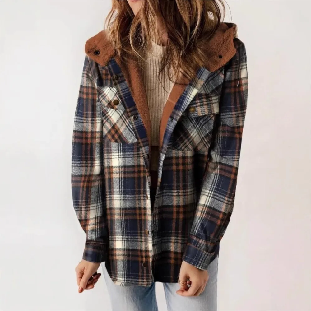 

Новая осенне-зимняя плюшевая клетчатая рубашка, женское пальто, повседневная модная теплая женская рубашка с карманами, куртка 2025