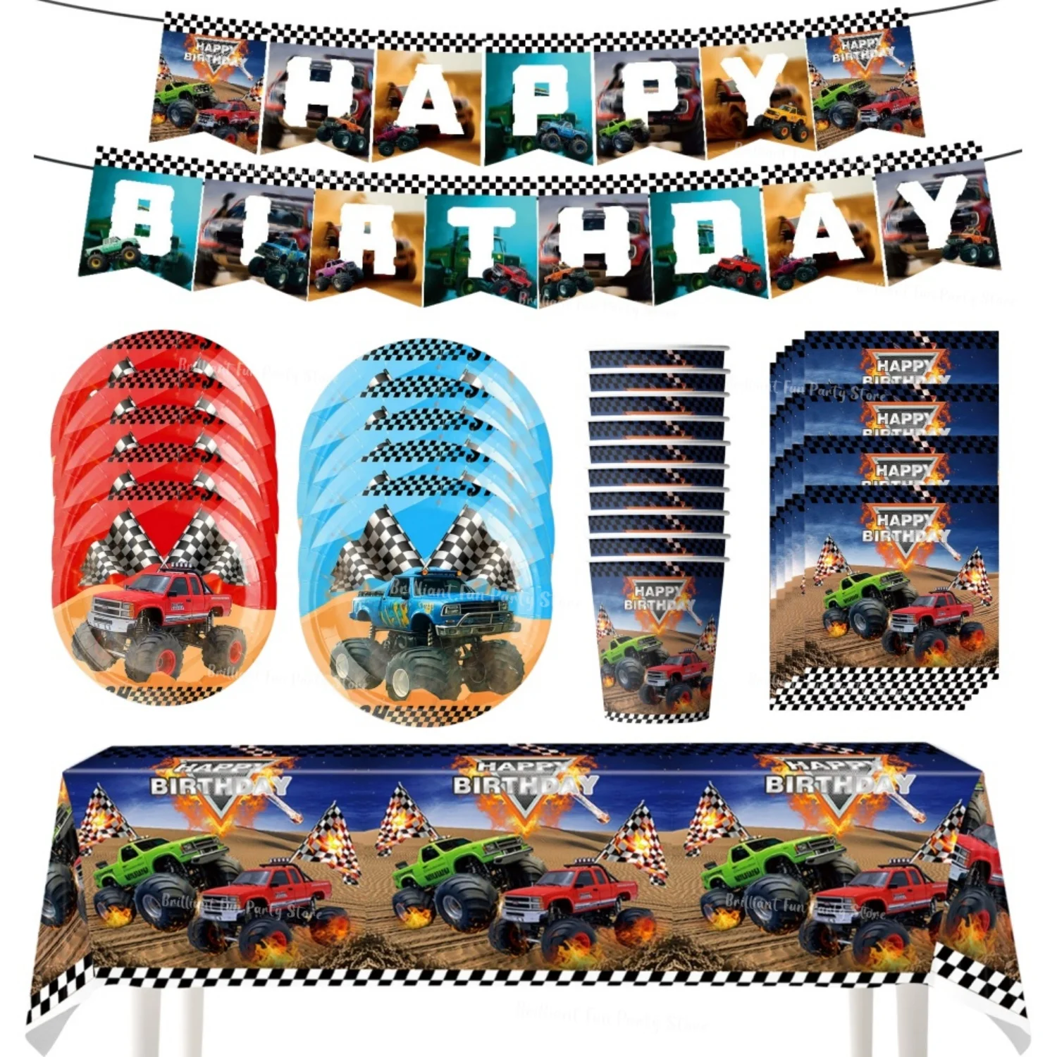 Monster Truck Geburtstagsparty-Dekorationen Rennwagen-Becher Teller Einweggeschirr Servietten Banner Tischdecke Partyzubehör Geschenk