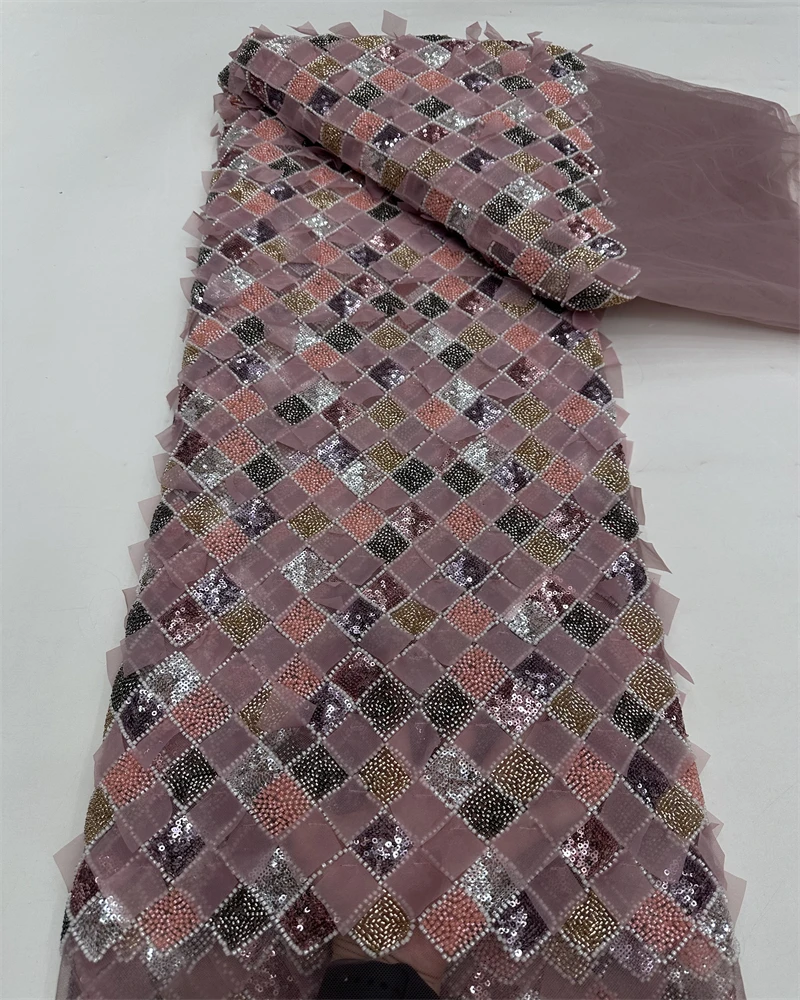 Luxury African Beads Lace Fabric 5 Yards Handmade Sequins High Quality for Evening Party Dresses Nigeria