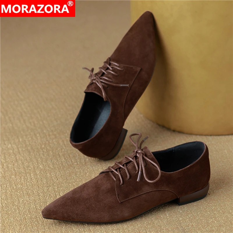 

MORAZORA Big Size 34-42 New Suede Leather Women Shoes Pointed Toe Lace Up Low Heels Retro Handmade Single Shoes Ladies Footwear